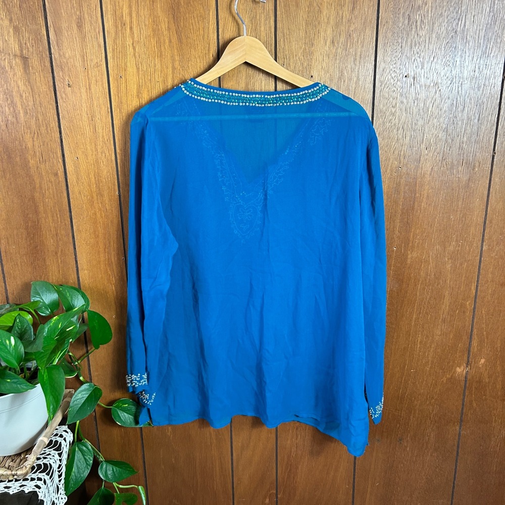 Vintage NY Collection 100% Silk Blue Beaded V Neck Tunic Top Shirt Blouse Boho - Picture 6 of 6